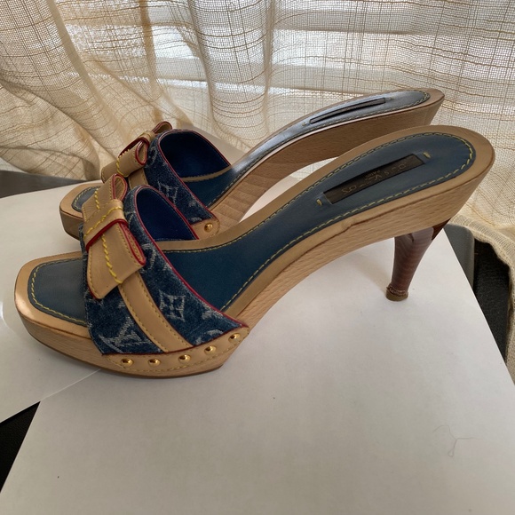 Louis Vuitton denim monogram heels mules tan leather slip on sandals slides blue - Picture 3 of 9
